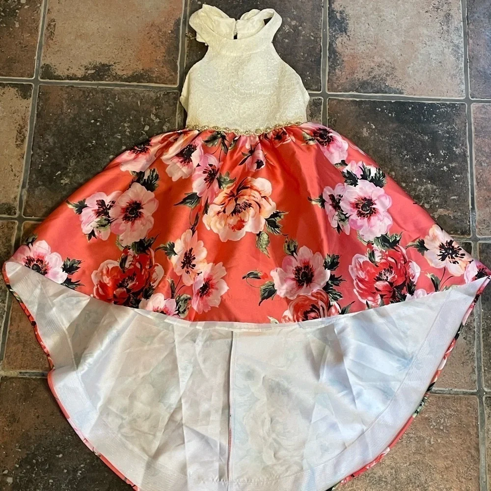 Rare Edition Big Girls Sequin Lace Printed Mikado High-Low Hem Dress